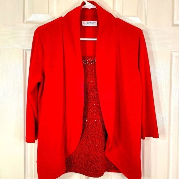 RED MOCK 2 PIECE SWEATER STRETCH PETITE MEDIUM - Picture 1 of 6